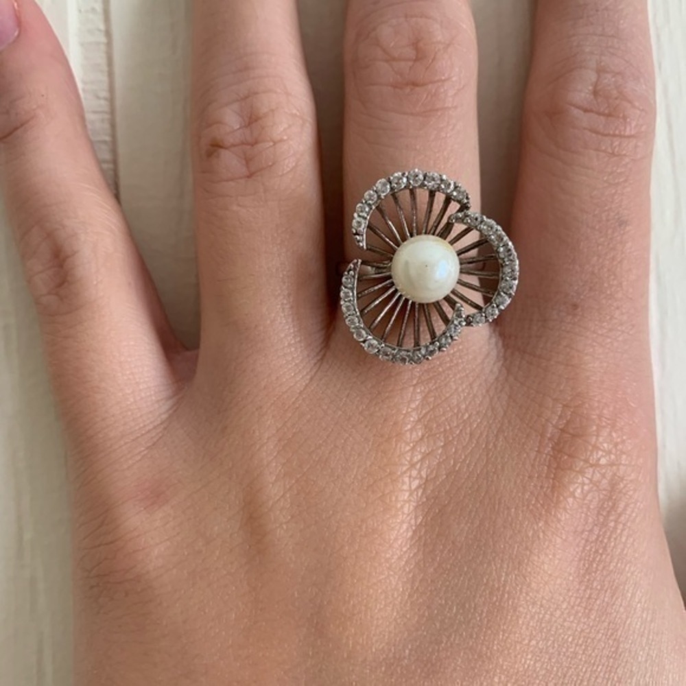 Pearl Halo Silver-Tone Ring with Crystal Accents
